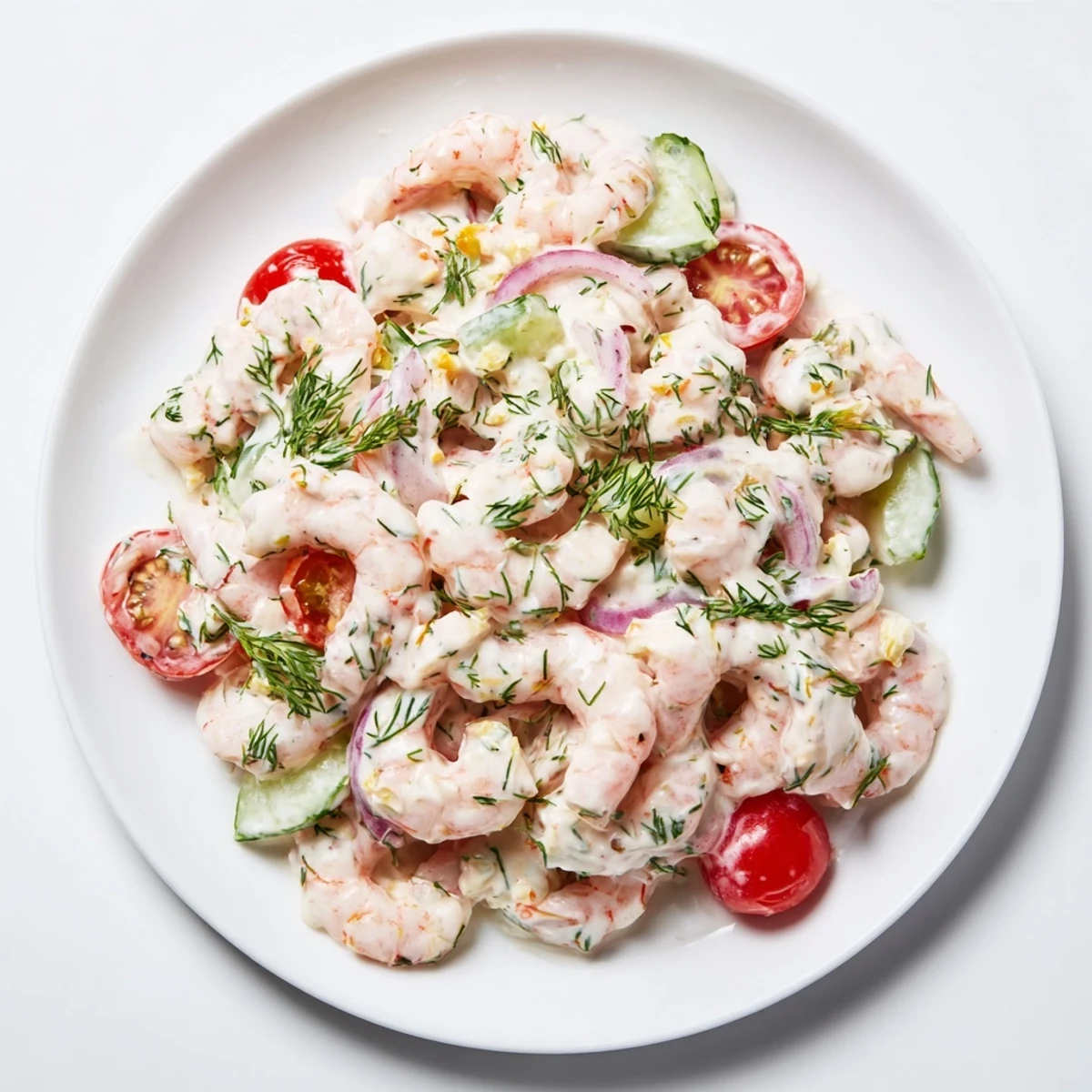 Pink shrimp salad recipe tossed in creamy lemon dressing with crisp cucumber and celery