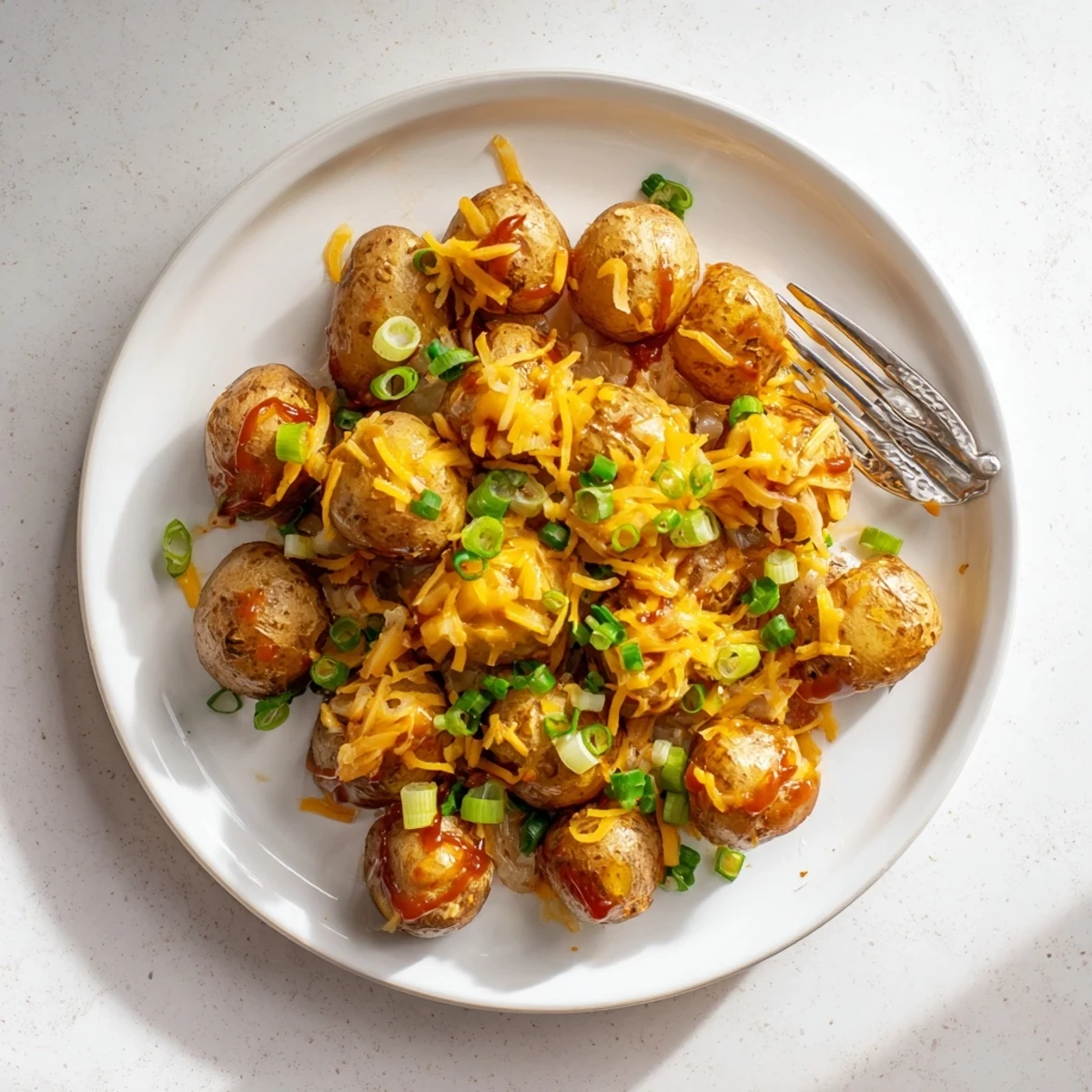 A hearty skillet of honey BBQ chicken and tender potatoes sprinkled with green onions