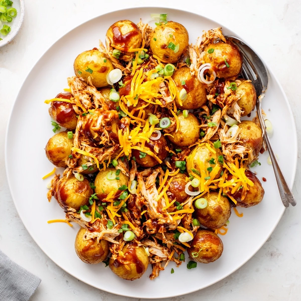 Sliced honey BBQ chicken over crispy potatoes topped with bubbling cheese and parsley
