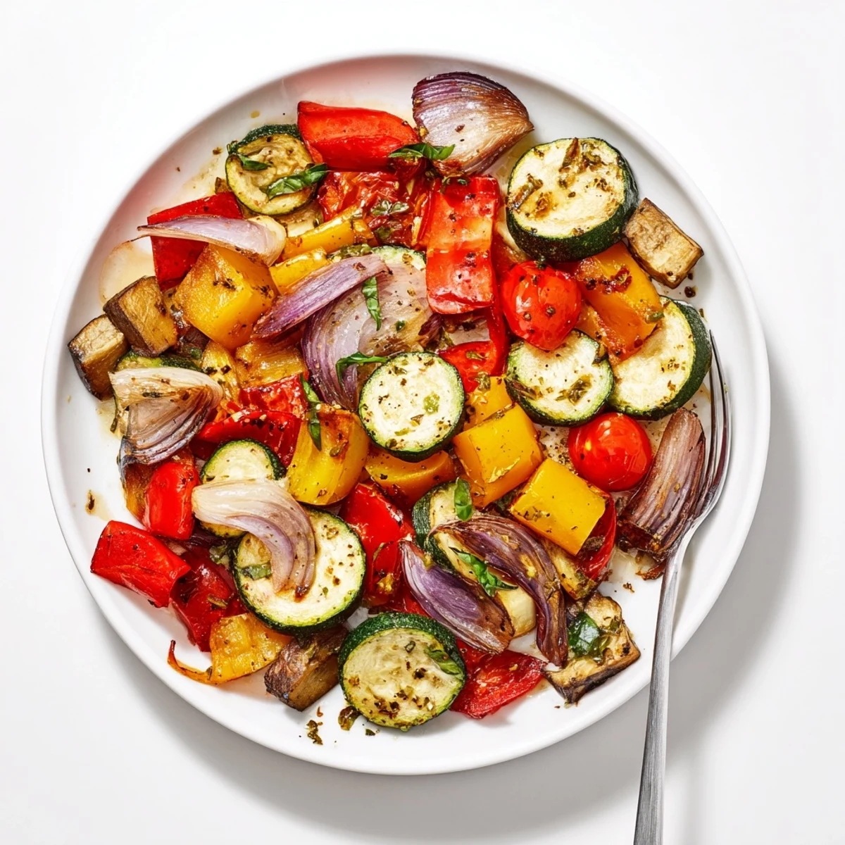 Golden caramelized classic Mediterranean roasted vegetables served on a rustic ceramic platter with fresh basil