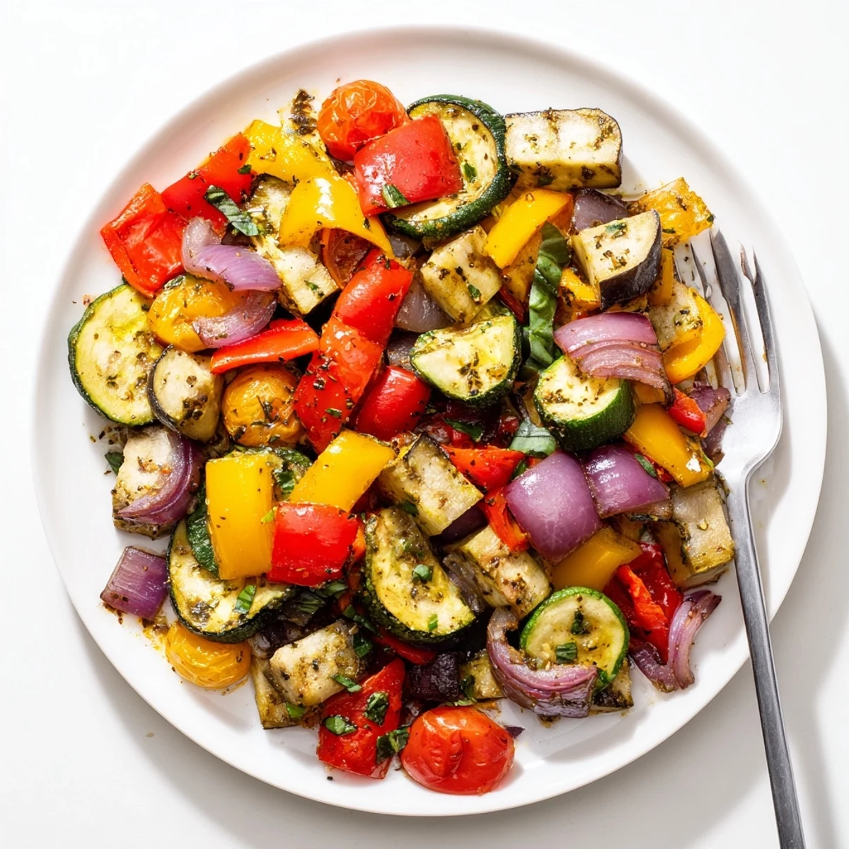 A warm bowl of classic Mediterranean roasted vegetables glistening with olive oil and fragrant herbs