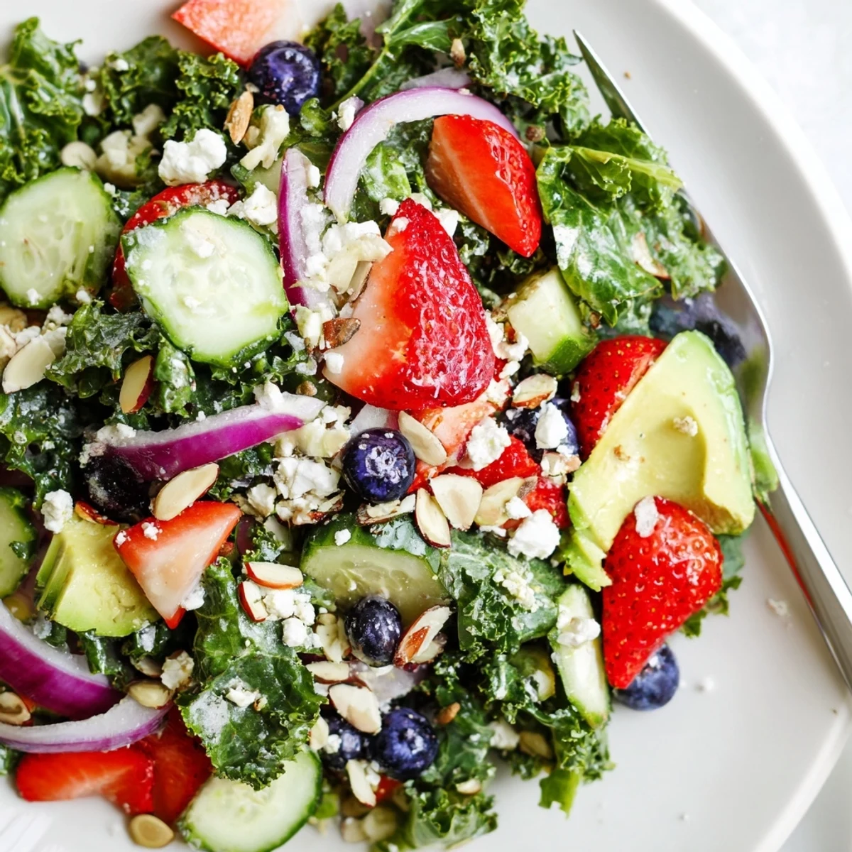 A colorful summer kale salad topped with strawberries, feta, and toasted almonds