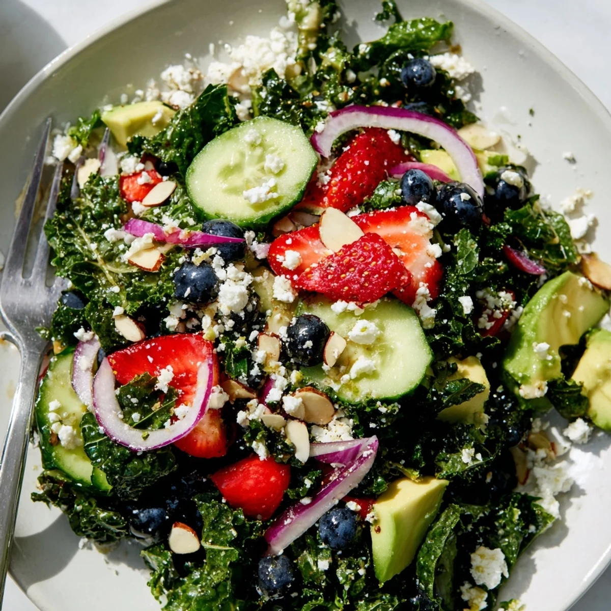 Hearty summer kale salad with juicy berries, creamy avocado, and crunchy almonds