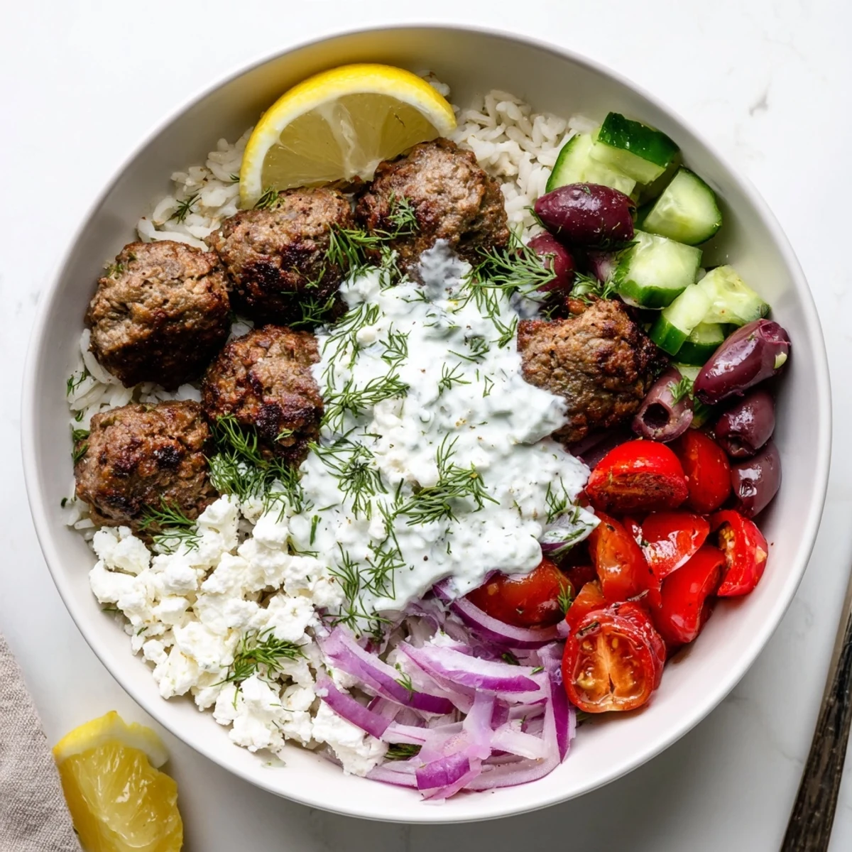 Golden brown Greek meatball bowl with tzatziki drizzled over fluffy rice and crumbled feta