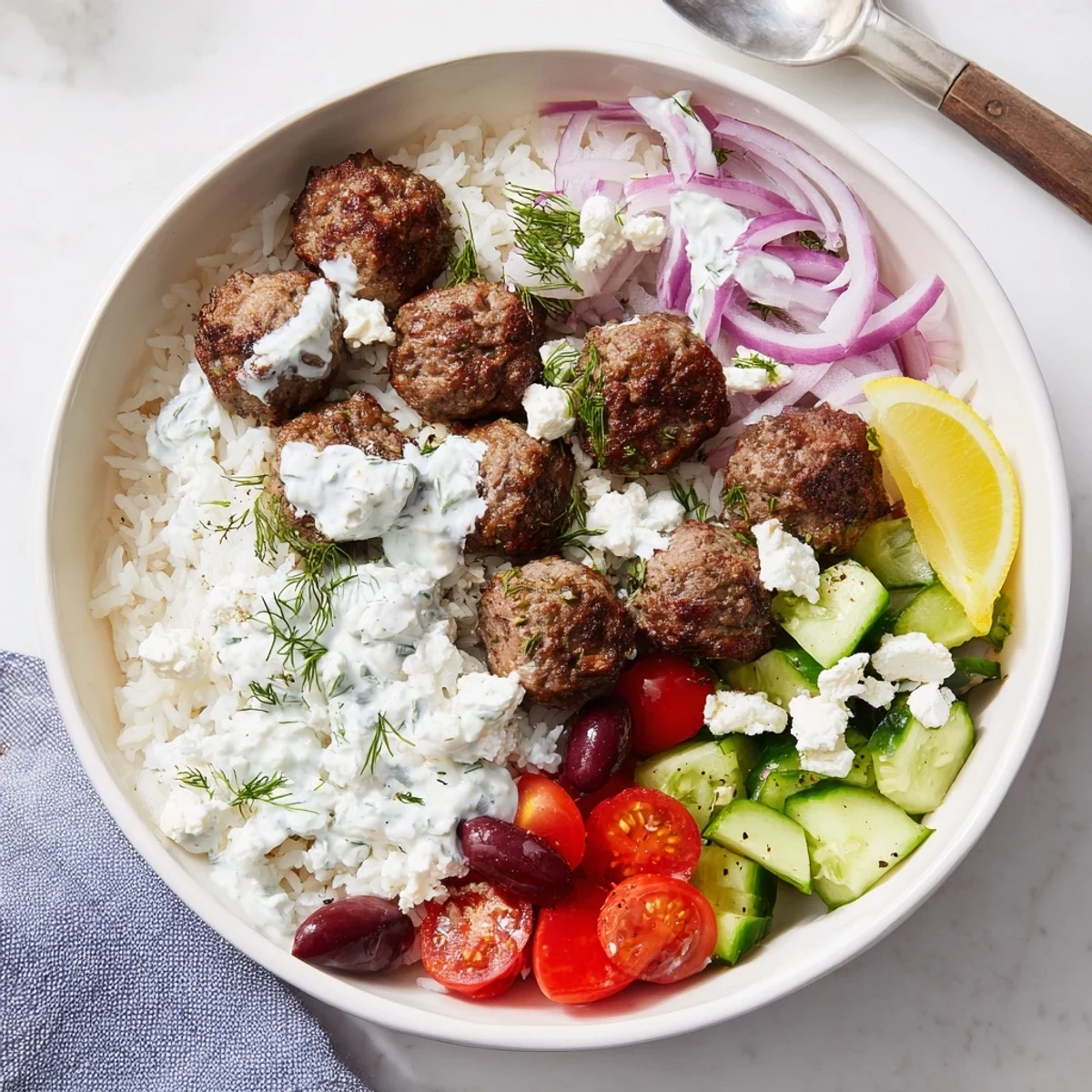 Juicy Greek meatball bowl served with cherry tomatoes, Kalamata olives, and a cool tzatziki swirl