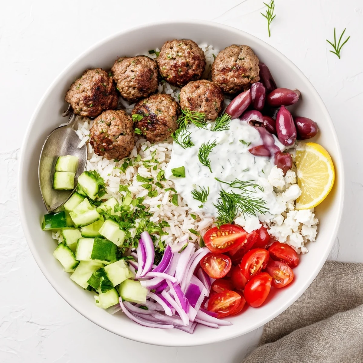 Mediterranean Greek meatball bowl topped with crisp cucumber, tangy feta, and creamy yogurt sauce