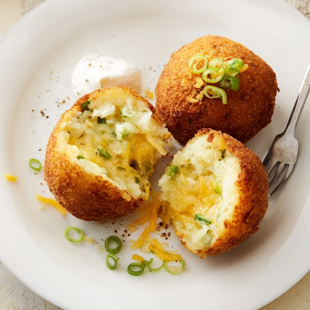 Handheld Fried Mashed Potato Balls, crunchy coating giving way to warm creamy center