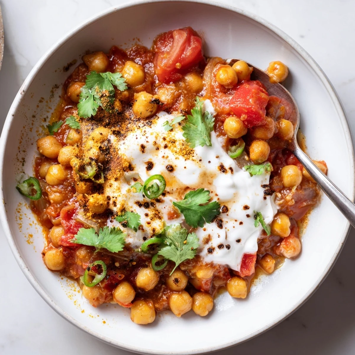 Skillet of Greek Yogurt Chickpea Curry steaming, aromatic spices, tender chickpeas