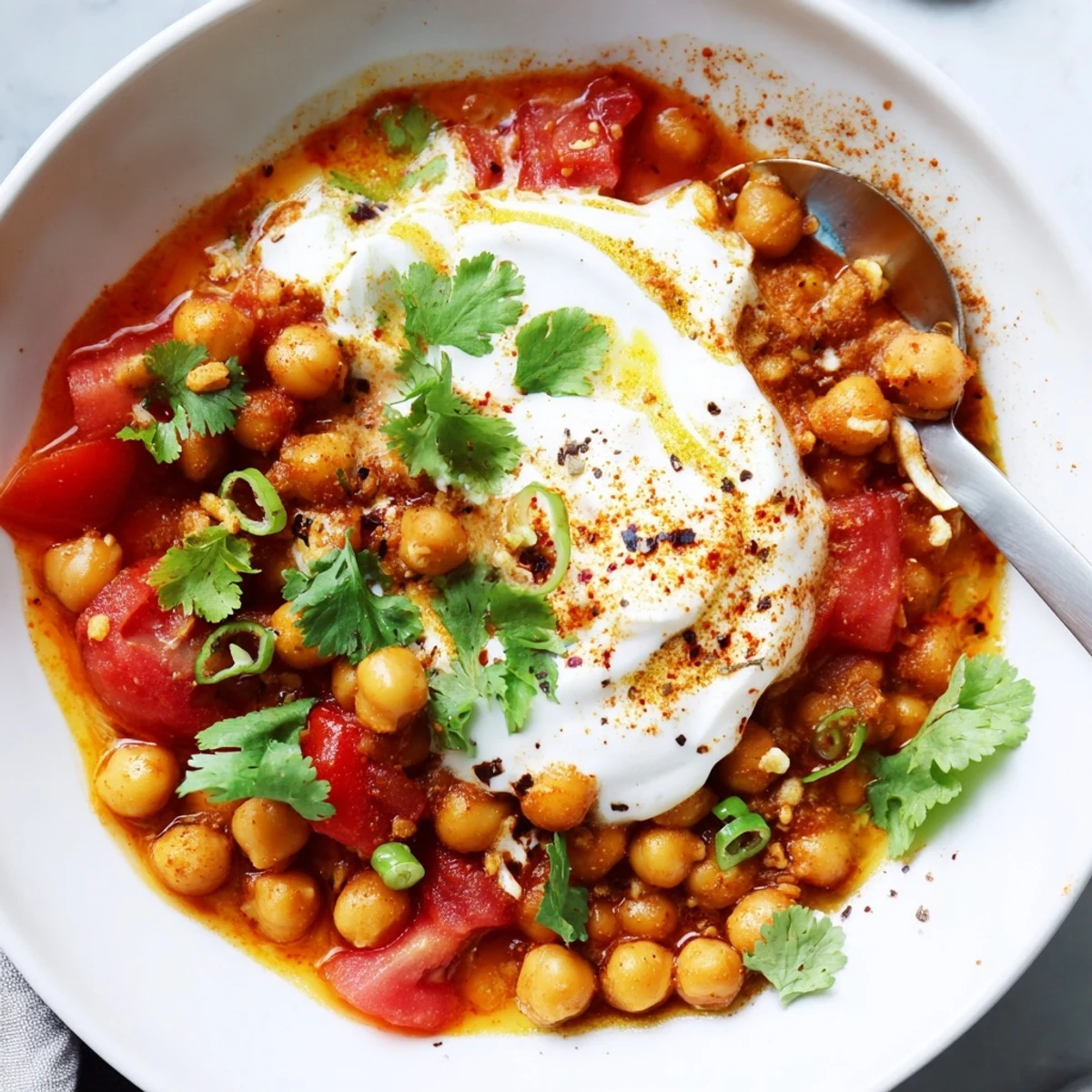 Creamy, tangy Greek Yogurt Chickpea Curry glistening over fluffy basmati rice