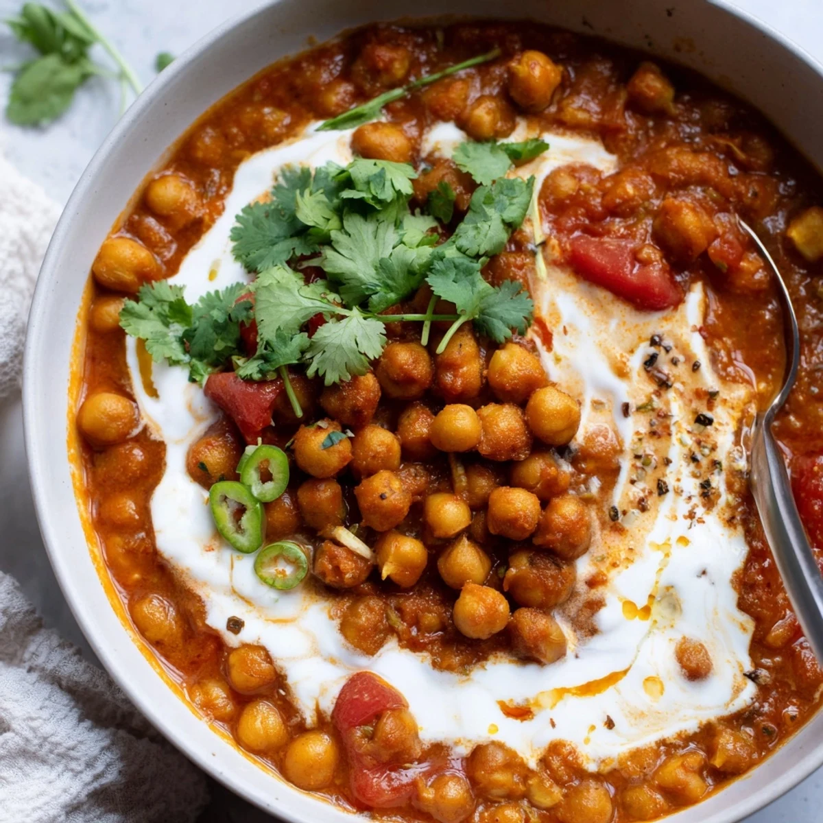 Hearty Greek Yogurt Chickpea Curry finished with garam masala, served with warm naan