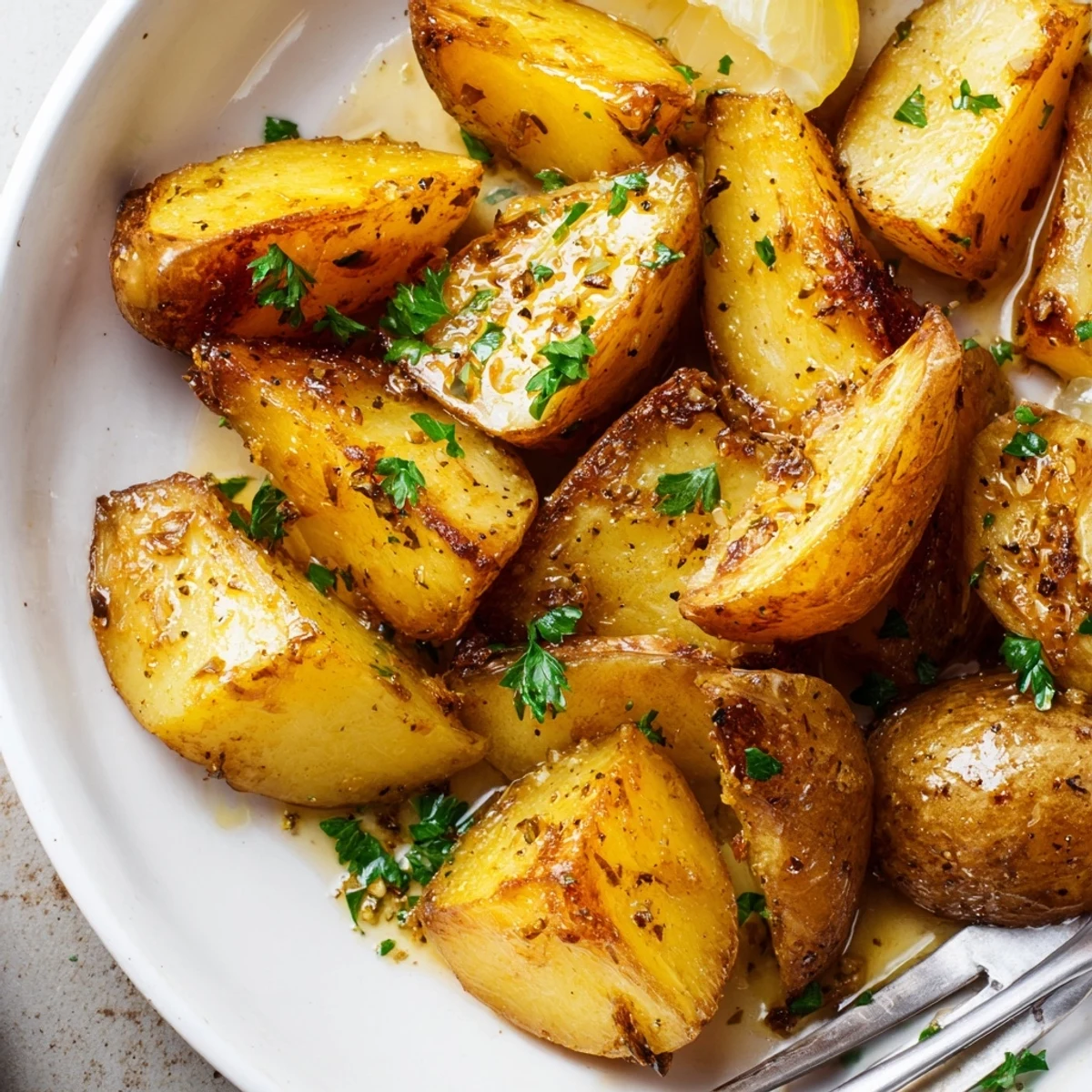 Authentic Greek Lemon Potatoes Recipe, golden wedges oven-roasted with garlic and tang  