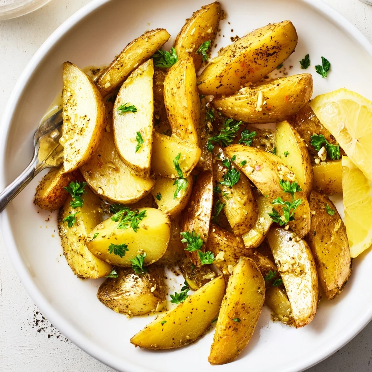Authentic Greek Lemon Potatoes Recipe braised in lemony broth, finished with chopped parsley