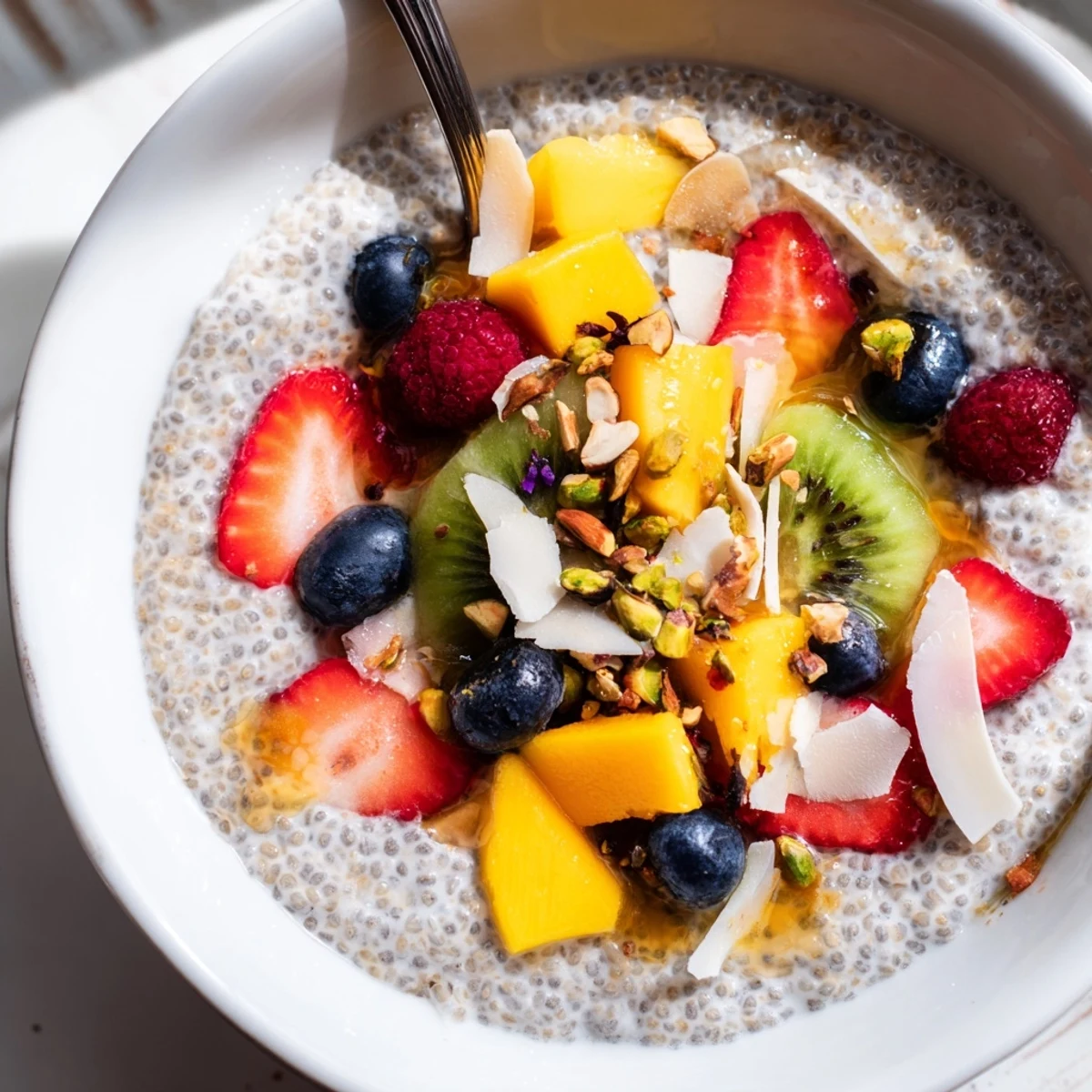 Creamy Coconut Chia Pudding topped with mango and toasted coconut flakes