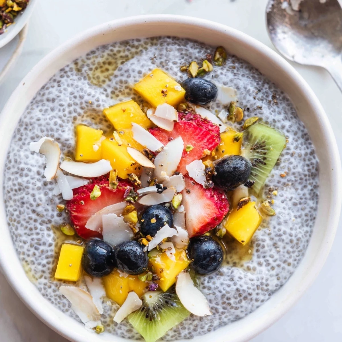 Chilled Coconut Chia Pudding in glass jars garnished with berries, nuts