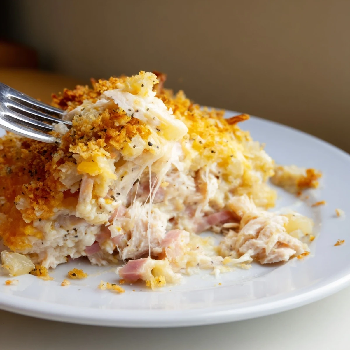 Chicken Cordon Bleu Casserole Recipe: golden breadcrumb topping bubbling over melted Swiss