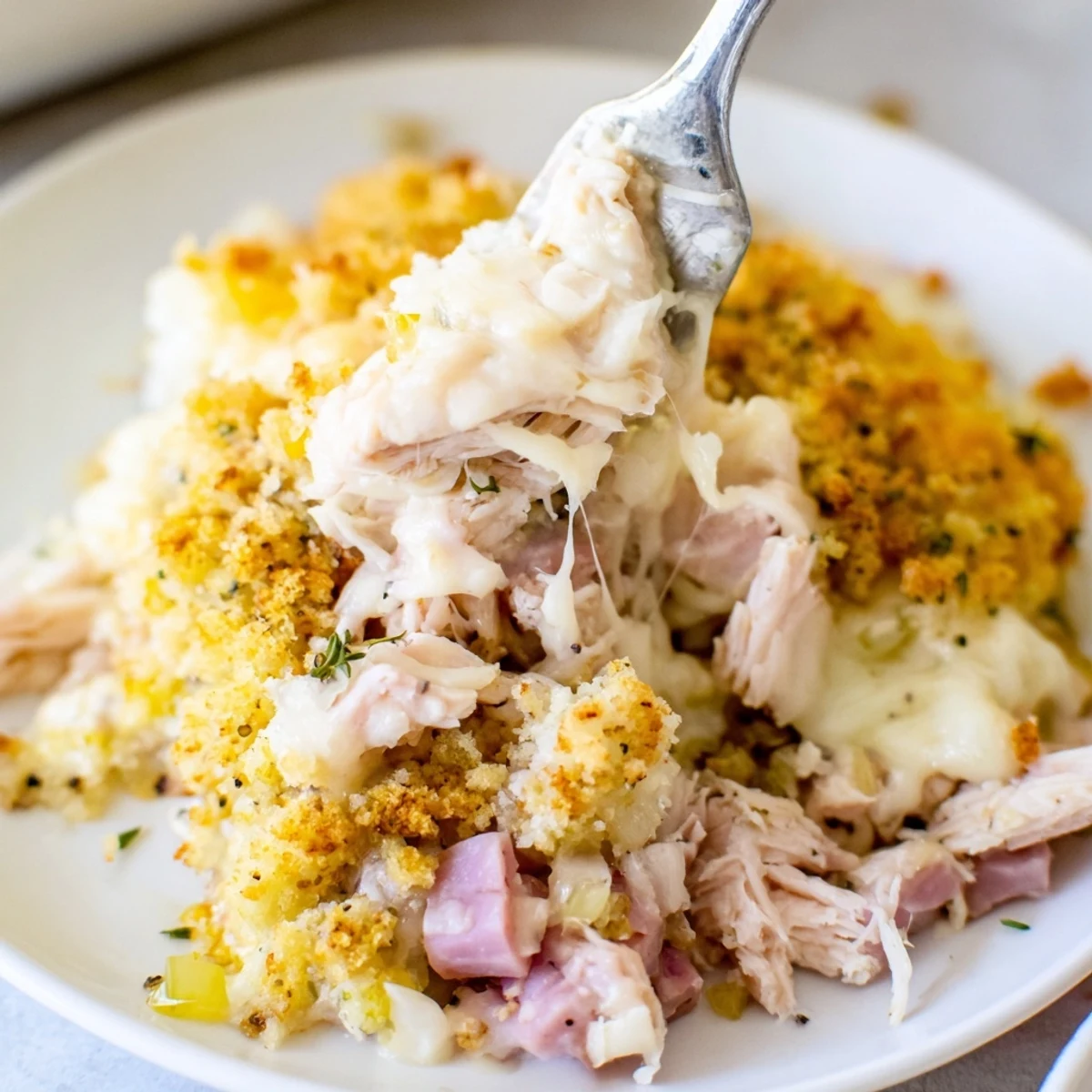 Baked Chicken Cordon Bleu Casserole Recipe with creamy Dijon sauce, ham layers