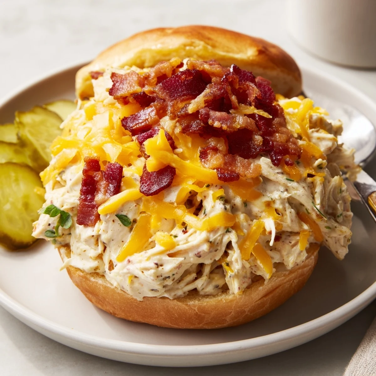 Crack Chicken Sandwiches piled on brioche, creamy cheesy filling, crispy bacon topping