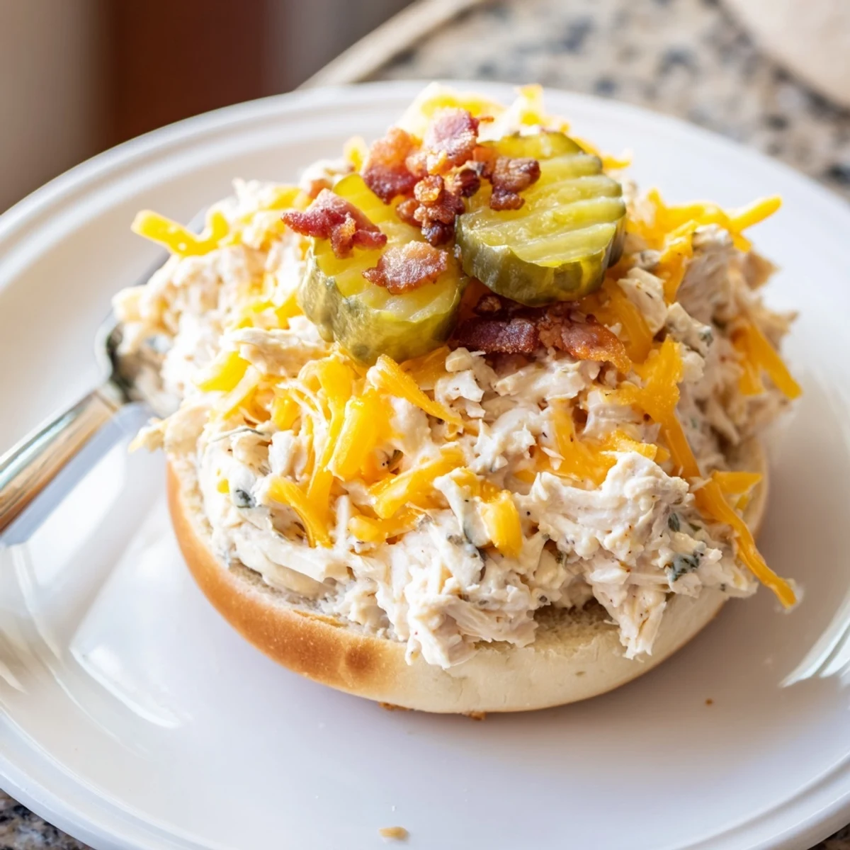 Open-faced Crack Chicken Sandwiches showing bubbly filling, crumbled bacon, optional pickle slices