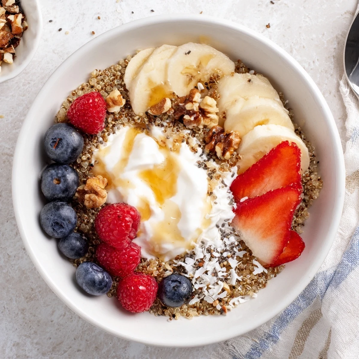 Quinoa Breakfast Bowl with fluffy quinoa, creamy yogurt, and vibrant berries  