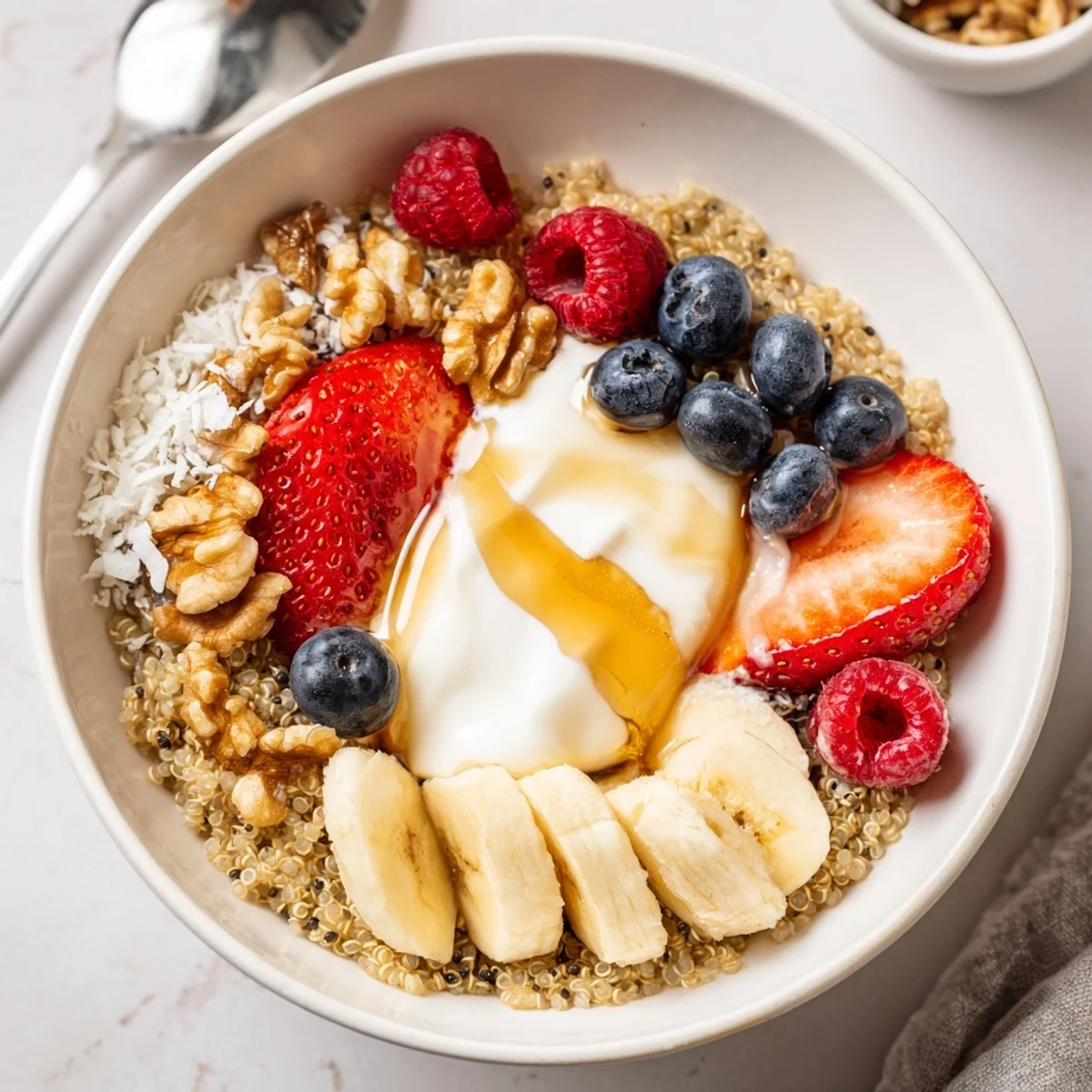 Warm Quinoa Breakfast Bowl topped with sliced banana, crunchy nuts, honey drizzle  
