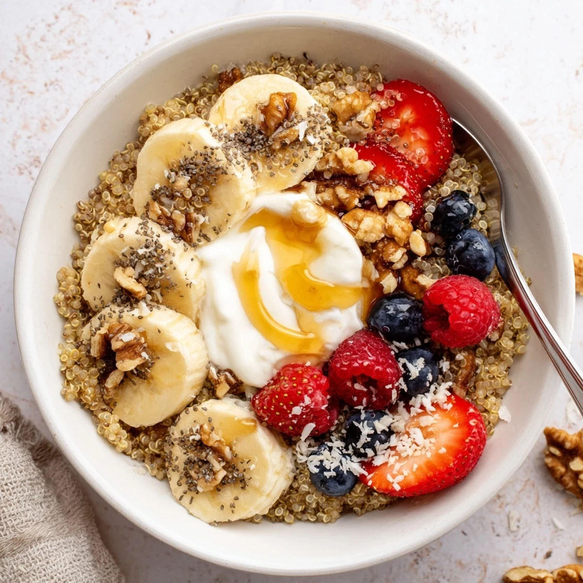 Chilled Quinoa Breakfast Bowl layered with tart berries, coconut, and cinnamon dust