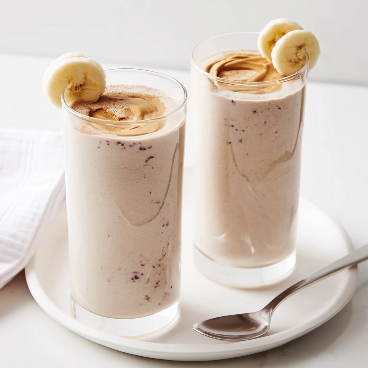 High Protein Smoothie in glass, creamy berry color, topped with chia