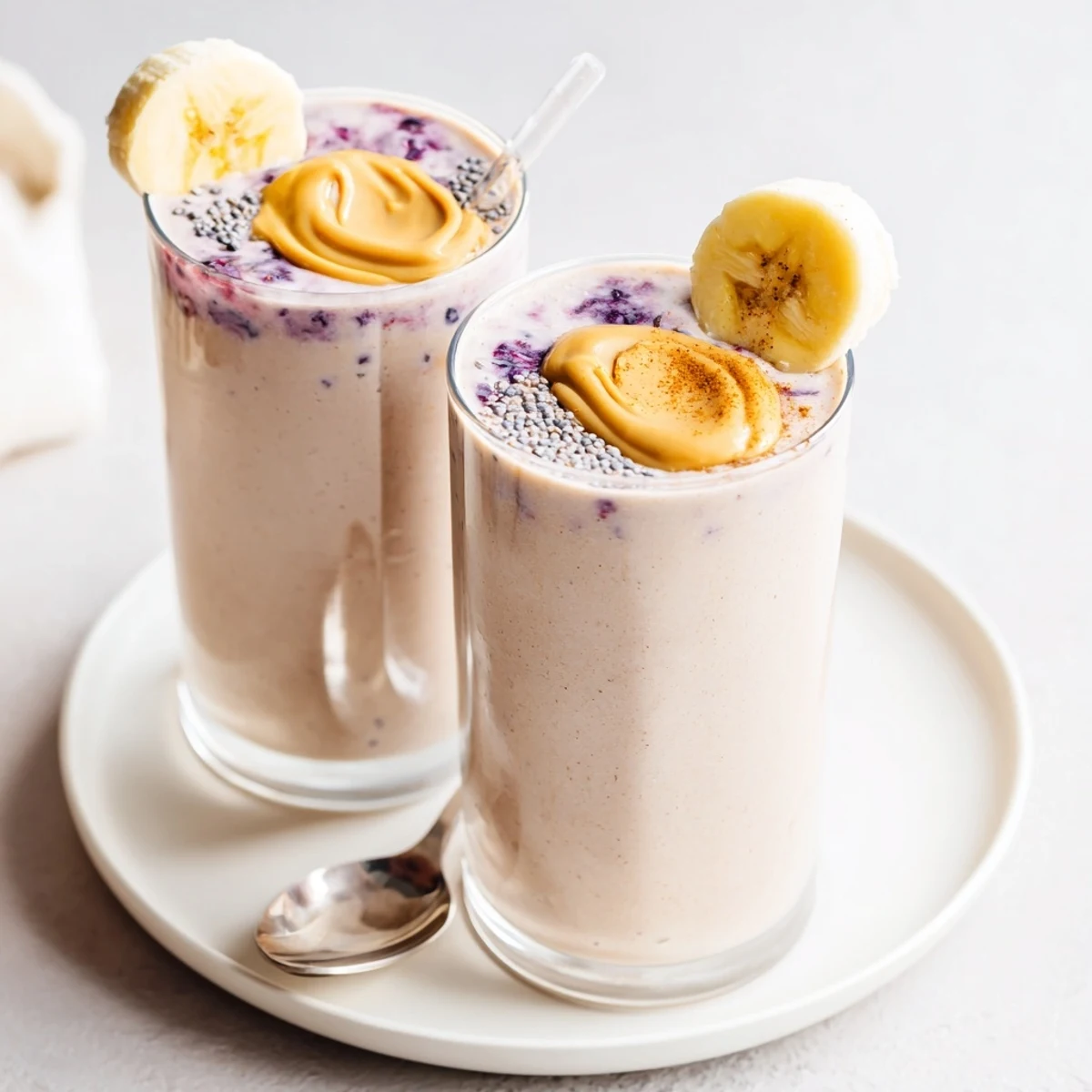 Thick High Protein Smoothie ready for post-workout, nut butter swirl visible