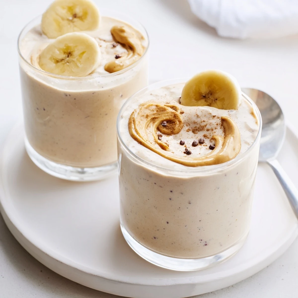 Cold High Protein Smoothie poured beside blender, banana slice garnish