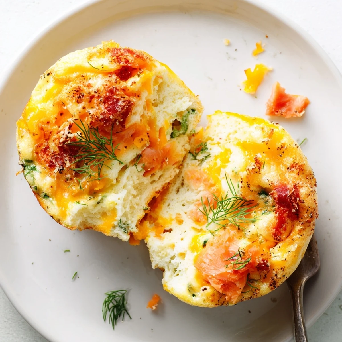 Smoked Salmon Egg Muffins cooling in a tin, golden tops and dill
