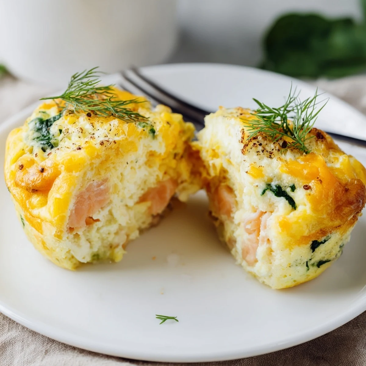 Smoked Salmon Egg Muffins plated with spinach salad, warm, herby dill garnish