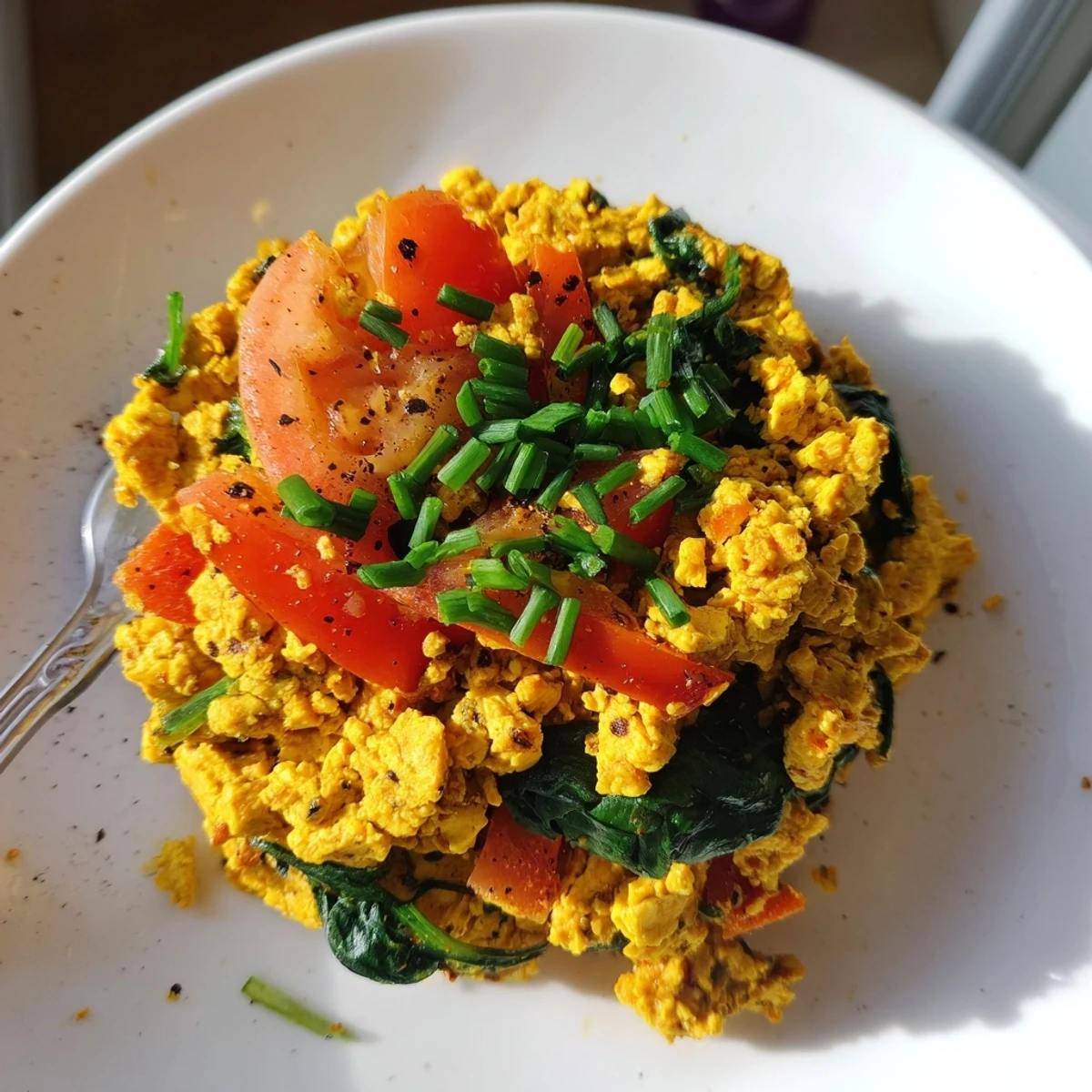 Creamy Tofu Scramble sizzling with sauteed peppers, onion, and warm spices