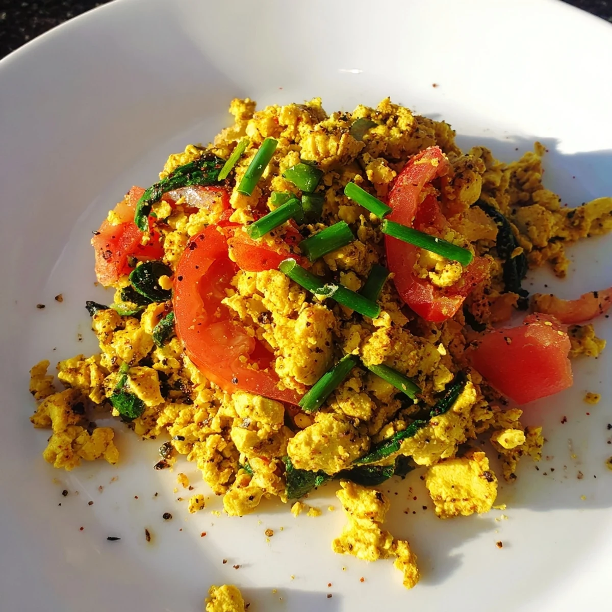 Bright Tofu Scramble topped with chopped chives, served with avocado toast