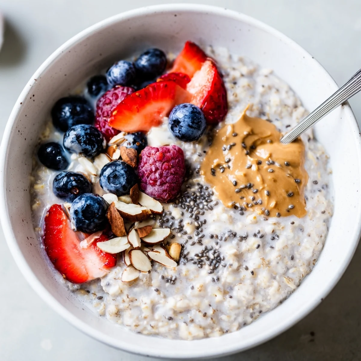 Silky jarred breakfast: creamy Protein Overnight Oats topped with crunchy nuts