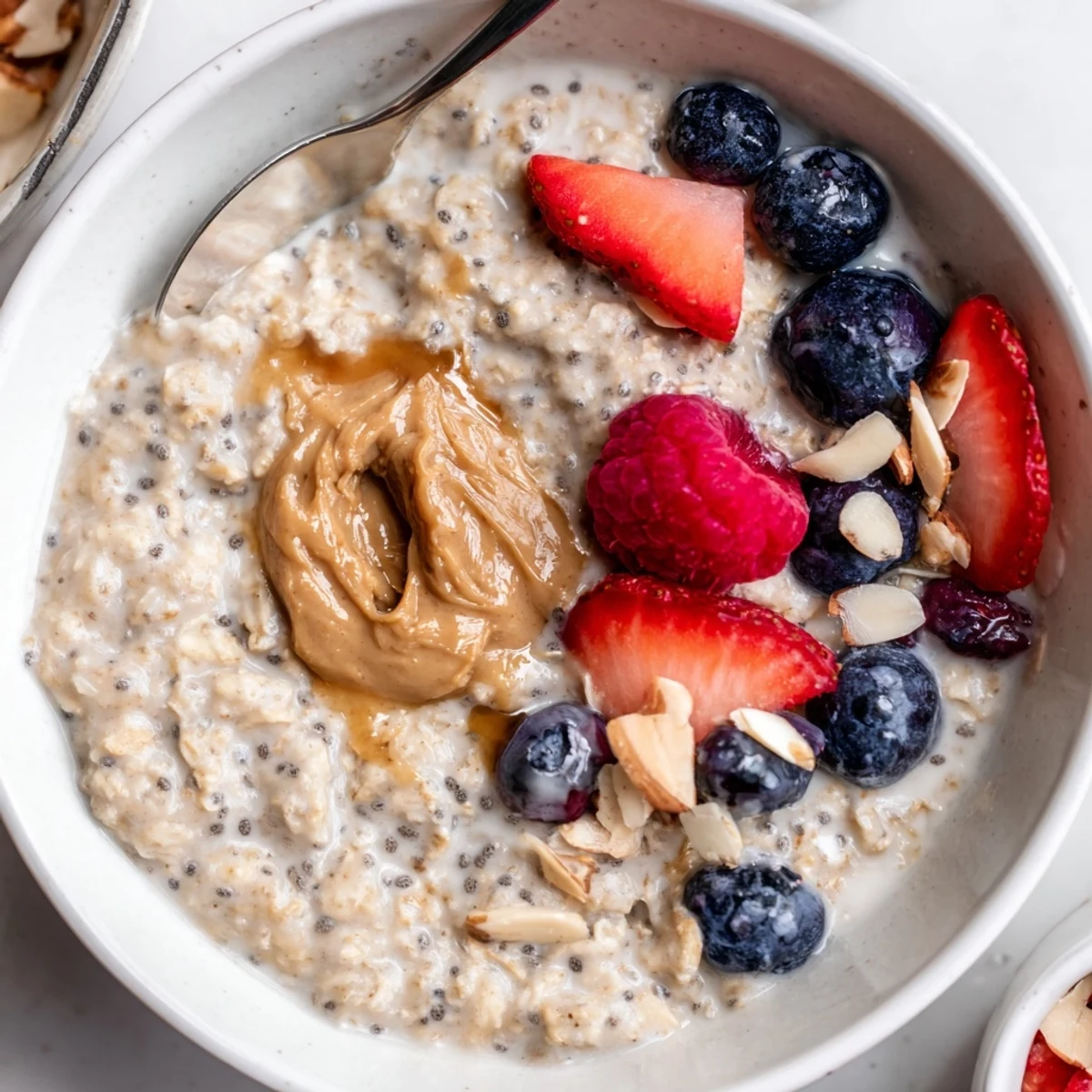 Creamy Protein Overnight Oats with fresh berries, chopped nuts, and maple drizzle