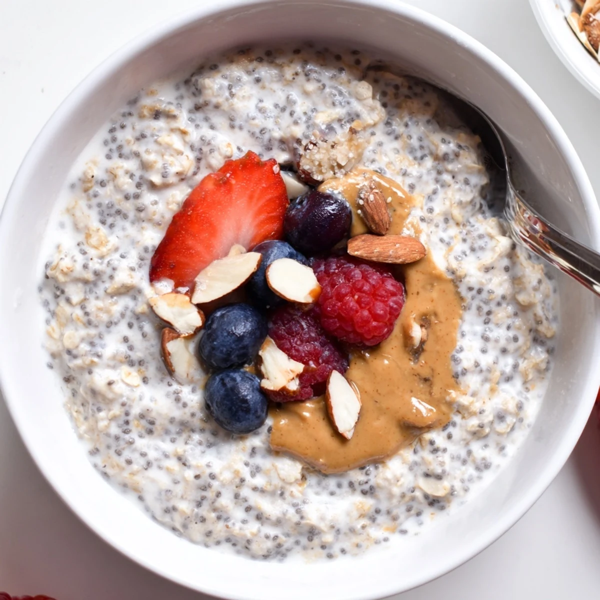 Protein Overnight Oats ready by morning, served chilled with spoon and berries