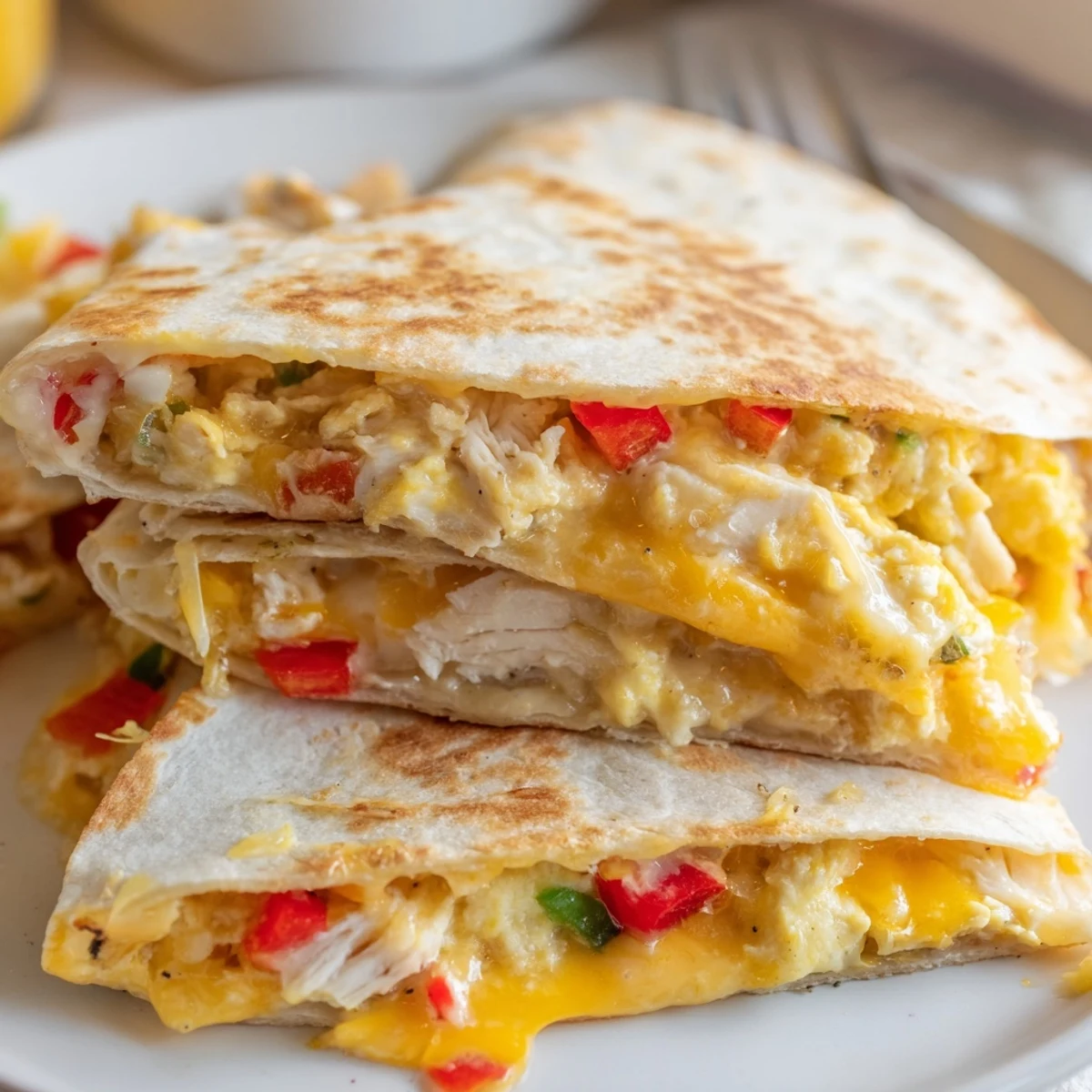 Chicken Breakfast Quesadilla with golden crisp tortilla, melty cheese and tender chicken