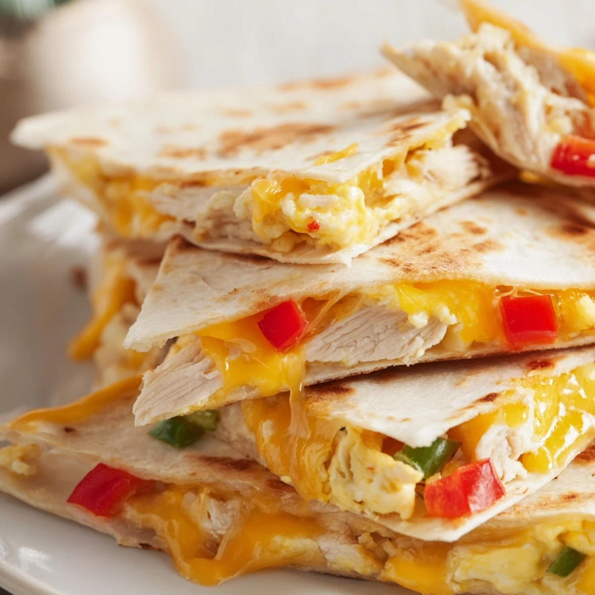 Pan-toasted Chicken Breakfast Quesadilla oozing melted cheddar, Monterey Jack, and green onions