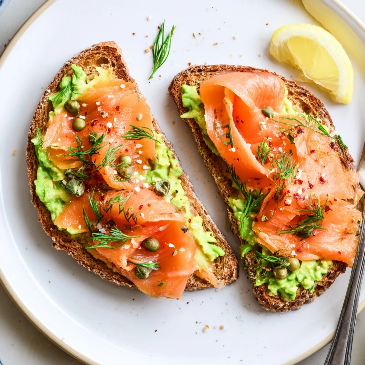 Open-faced Salmon Avocado Toast garnished with dill, capers, lemon wedge