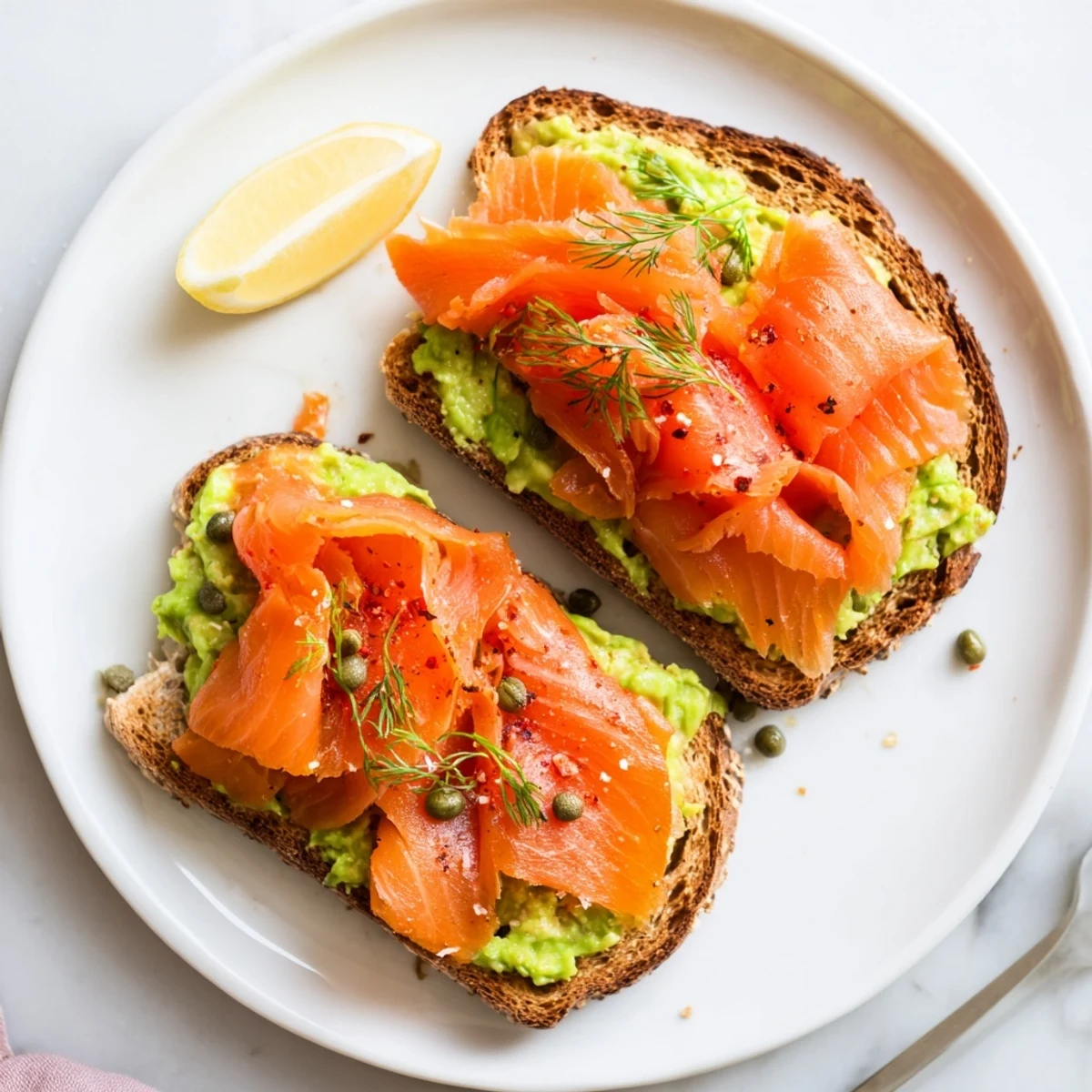 Salmon Avocado Toast on rustic sourdough, creamy avocado and silky smoked salmon