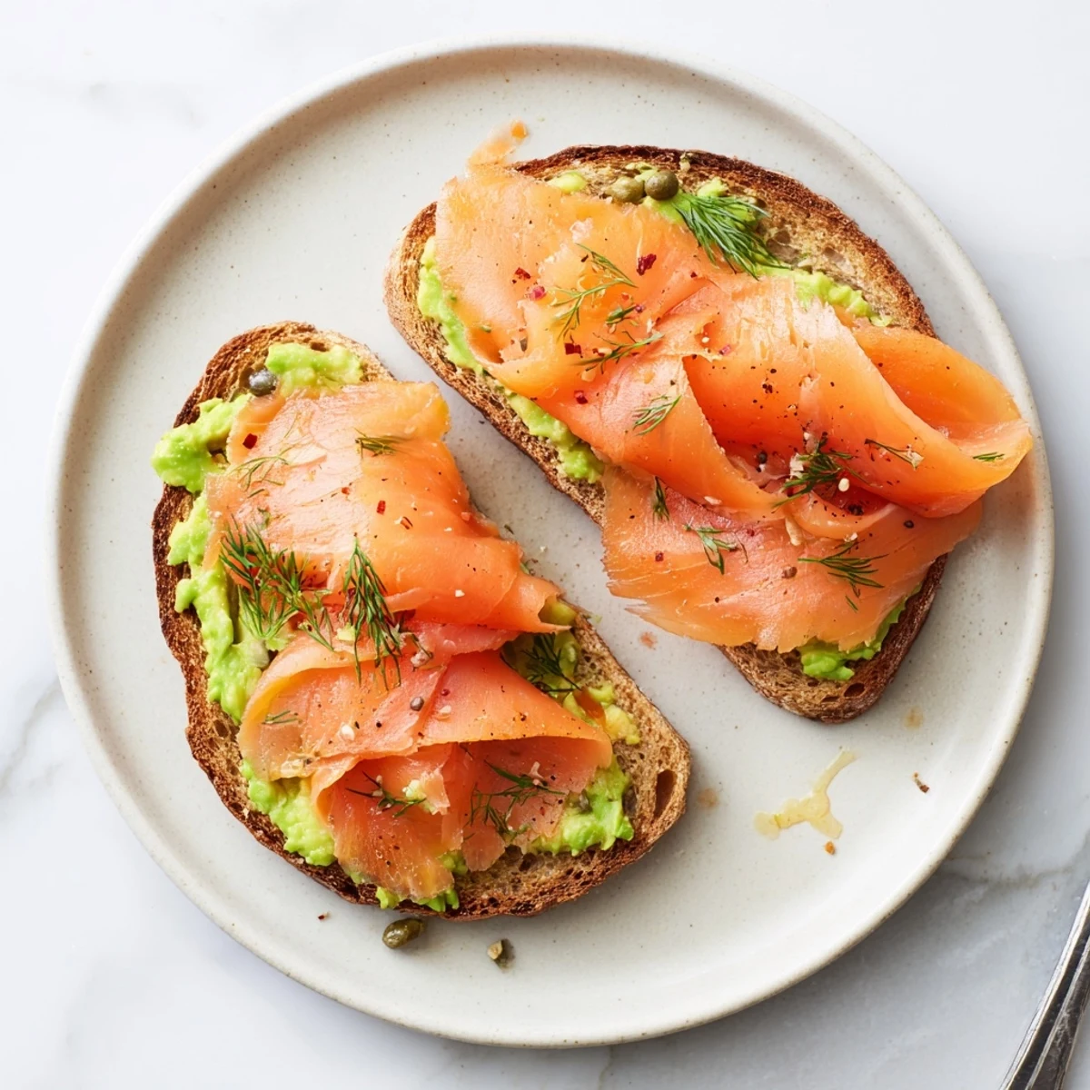Buttery mashed avocado on Salmon Avocado Toast, finished with red pepper flakes
