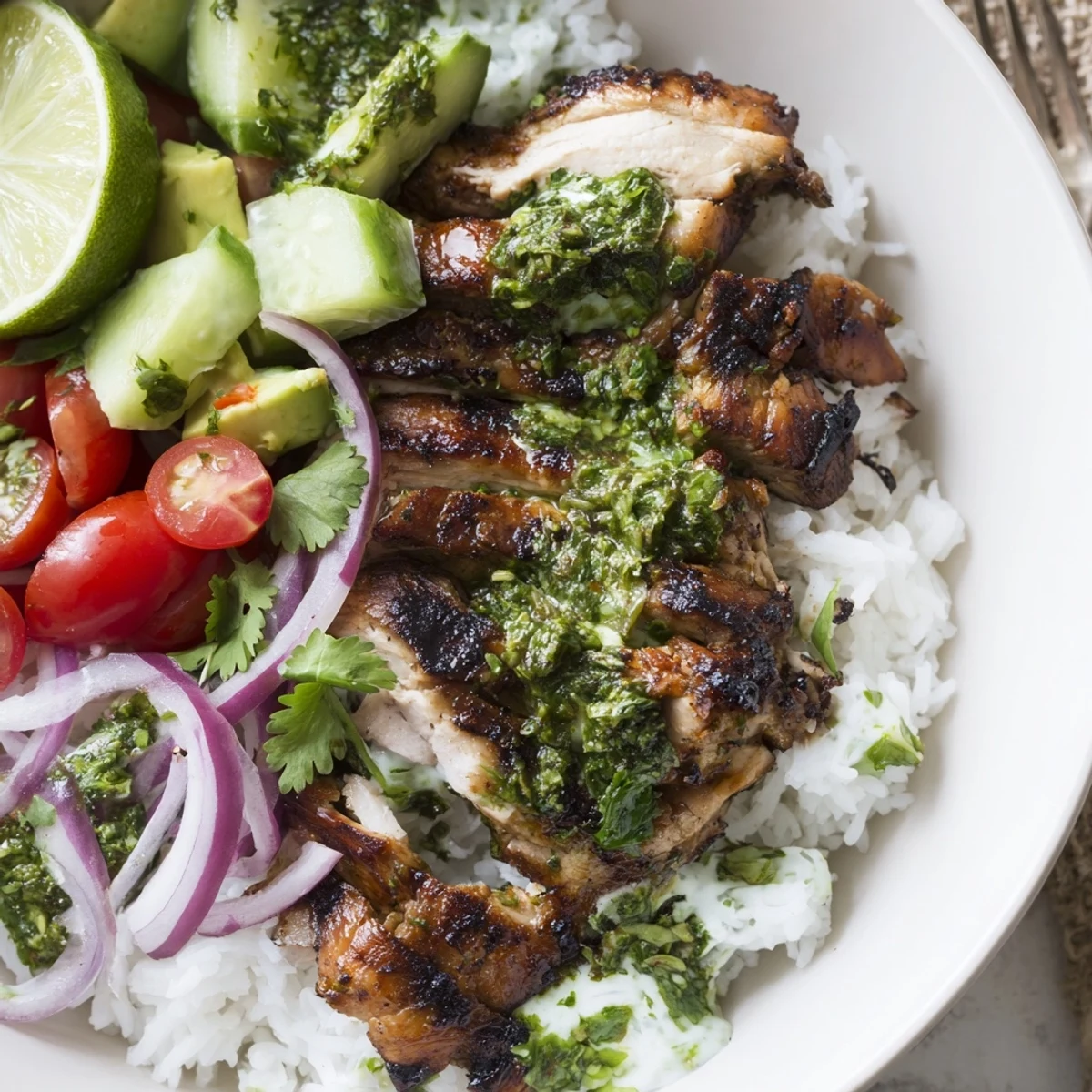 Chimichurri Grilled Chicken Bowl With Garlic Sauce, juicy charred chicken over rice
