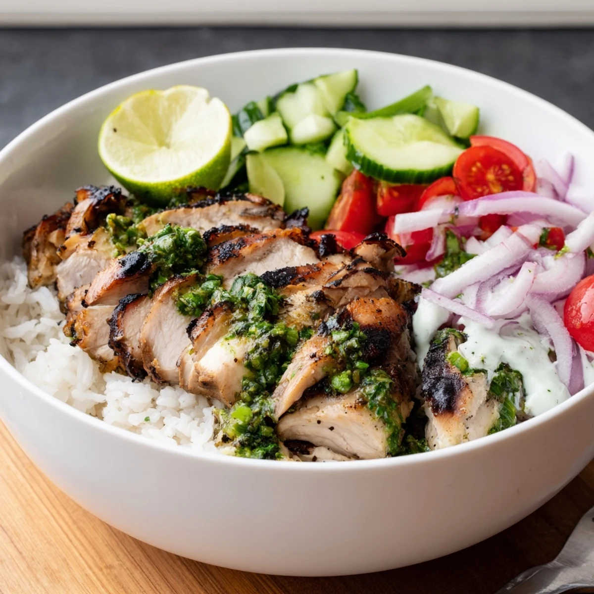 Grilled chicken sliced atop rice, bright herbs — Chimichurri Grilled Chicken Bowl With Garlic Sauce