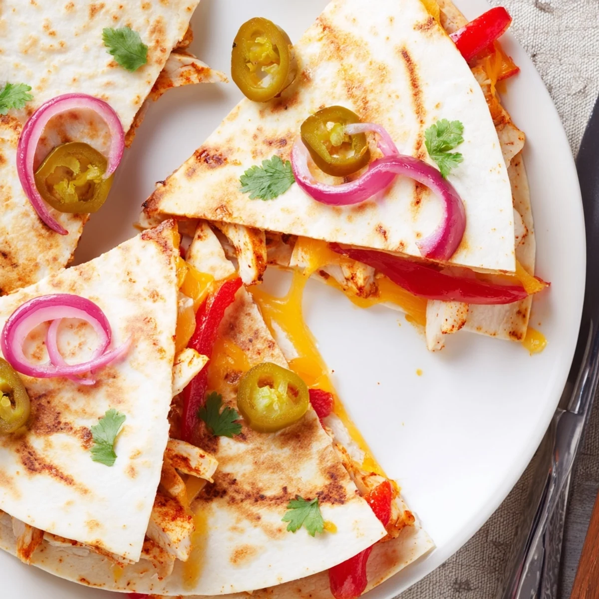 Spicy Crispy Grilled Chicken Quesadilla steaming hot, smoky chicken, peppers, creamy guacamole