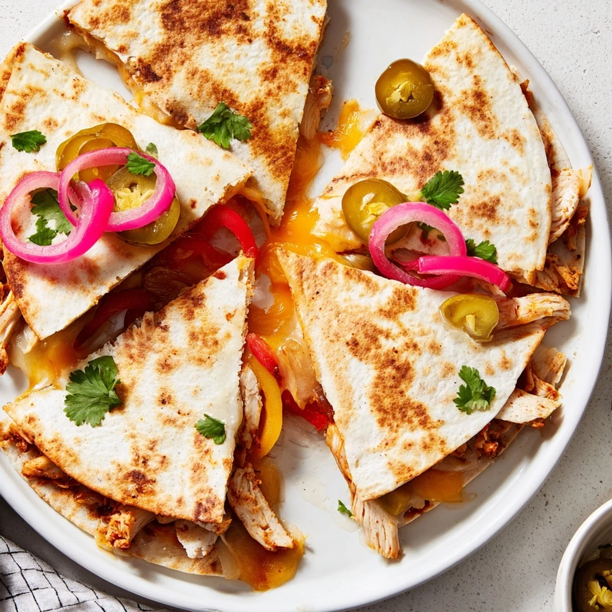Charred grill marks and crisp tortilla on a Spicy Crispy Grilled Chicken Quesadilla