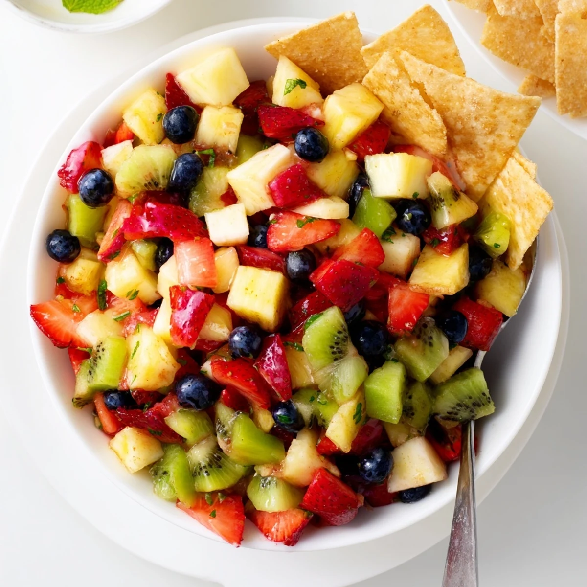 Fruit Salsa With Cinnamon Sugar Tortilla Chips in bowl, vibrant and chilled.
