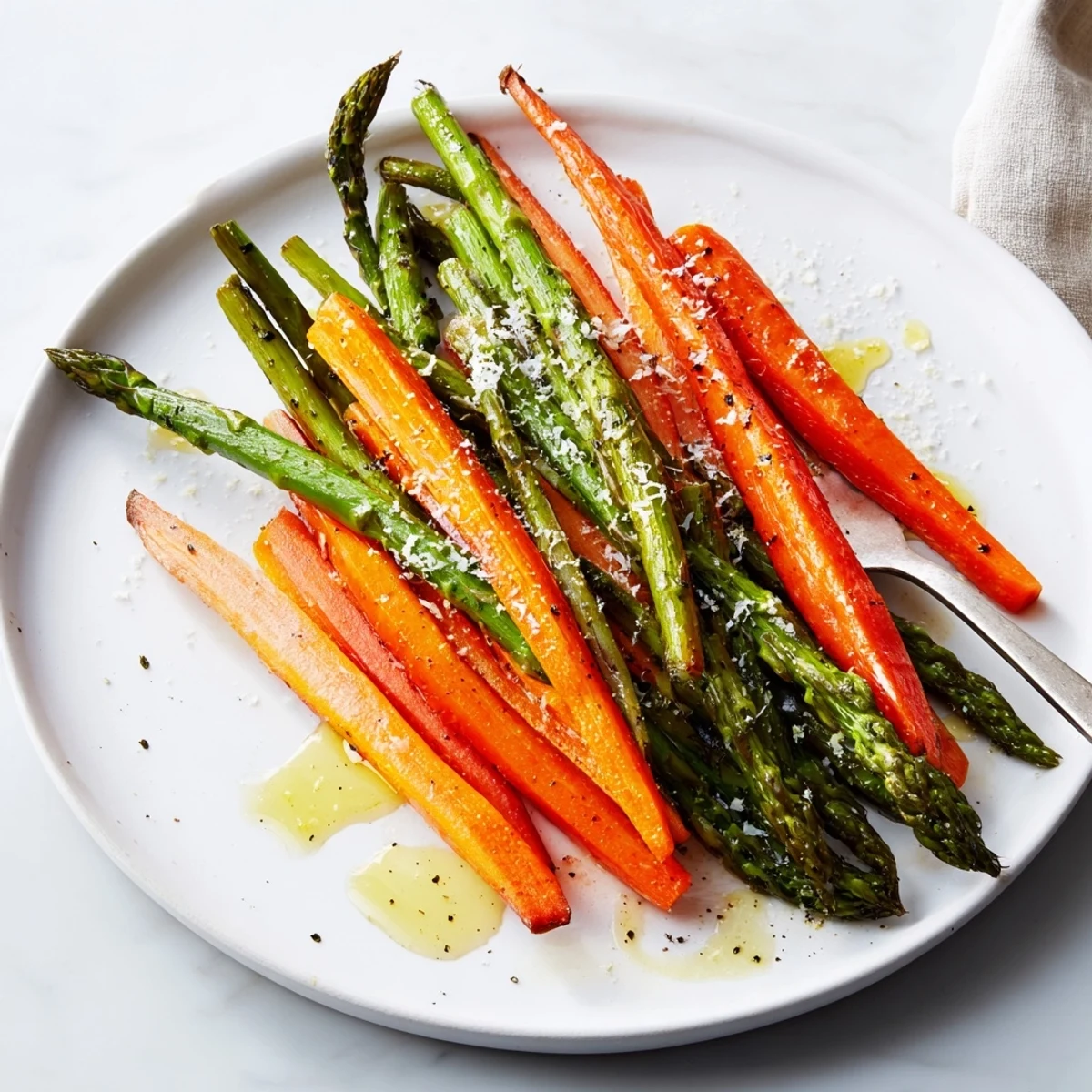 On a parchment lined tray, Roasted Asparagus Carrots release warm herb aroma