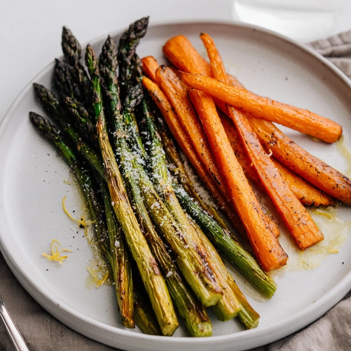 Bright Roasted Asparagus Carrots, slightly charred edges, perfect with roast chicken