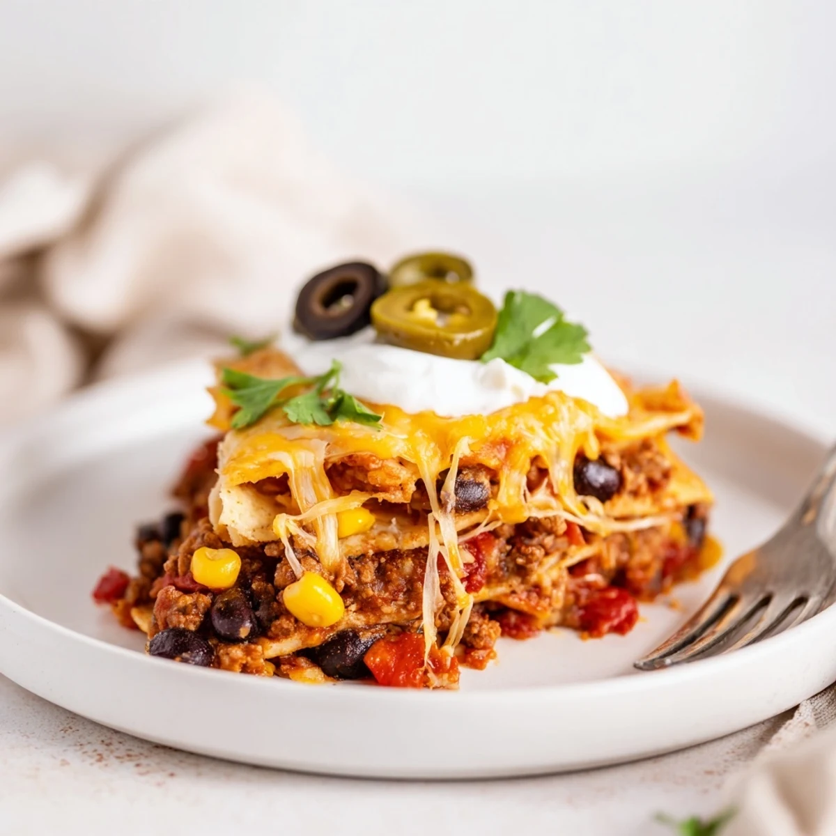 Cheesy Nacho Casserole bubbling golden, layered beef, chips, melted cheddar close-up