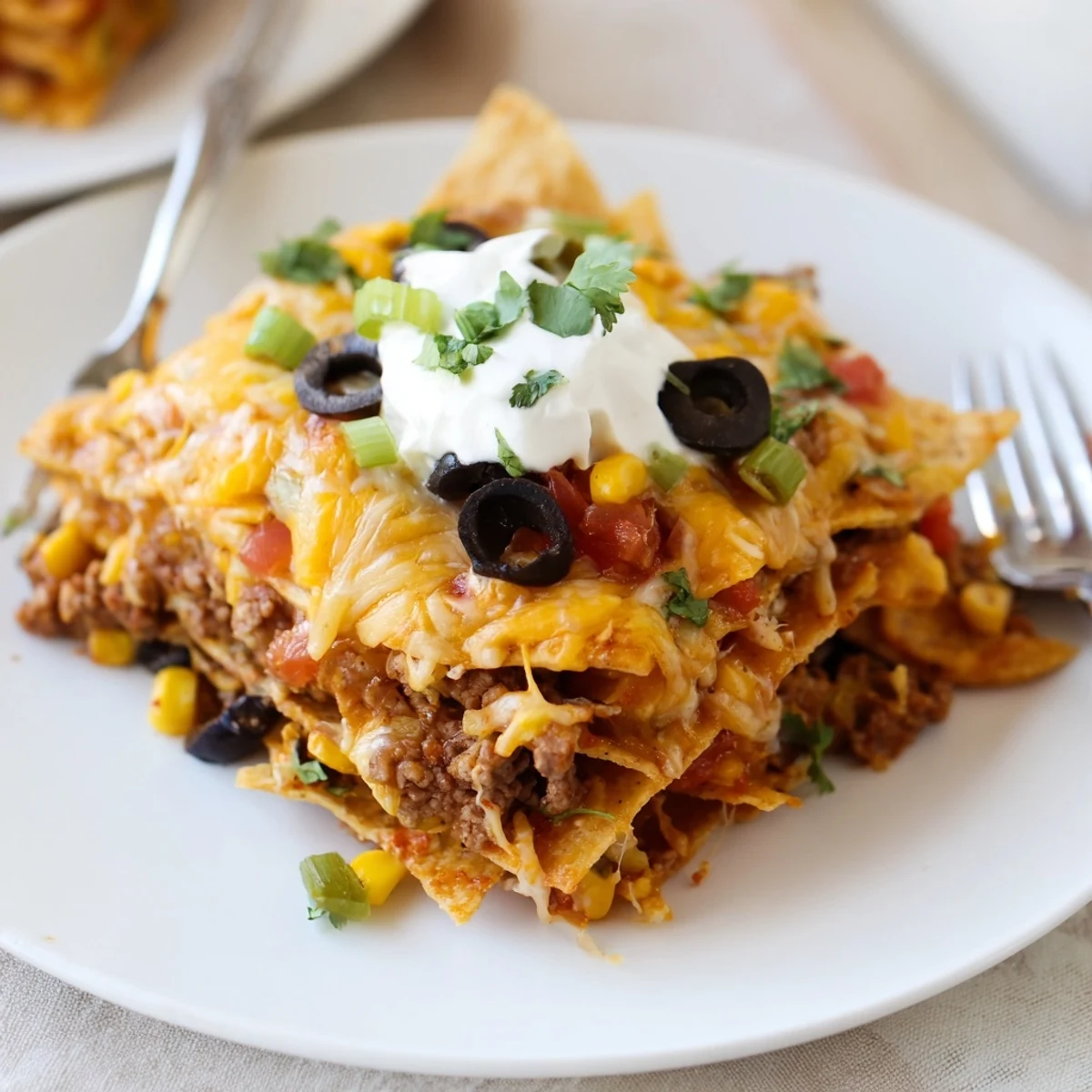Oven-baked Cheesy Nacho Casserole: crunchy tortilla layers, seasoned beef, gooey cheese