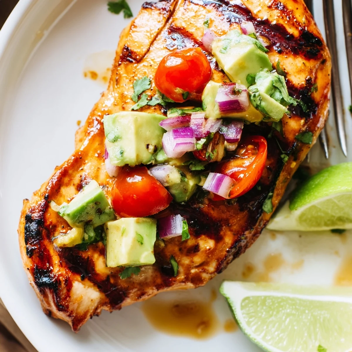 Grilled Fiesta Lime Chicken With Avocado topped with chunky tomato-cilantro salsa  